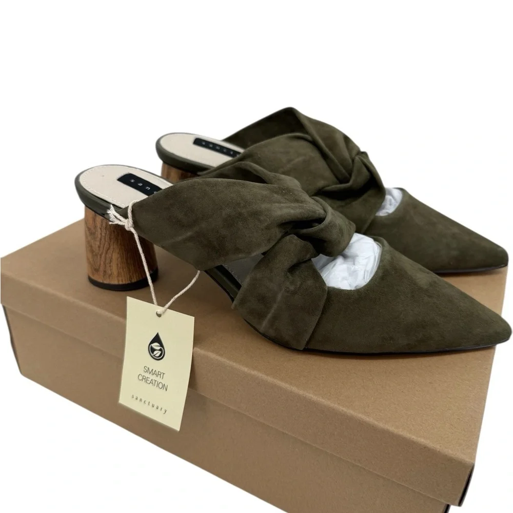 Sanctuary Sunset 2.0 Mossy Green Suede Bow Mule Heels 8.5 NIB Woodgrain Heel ECO